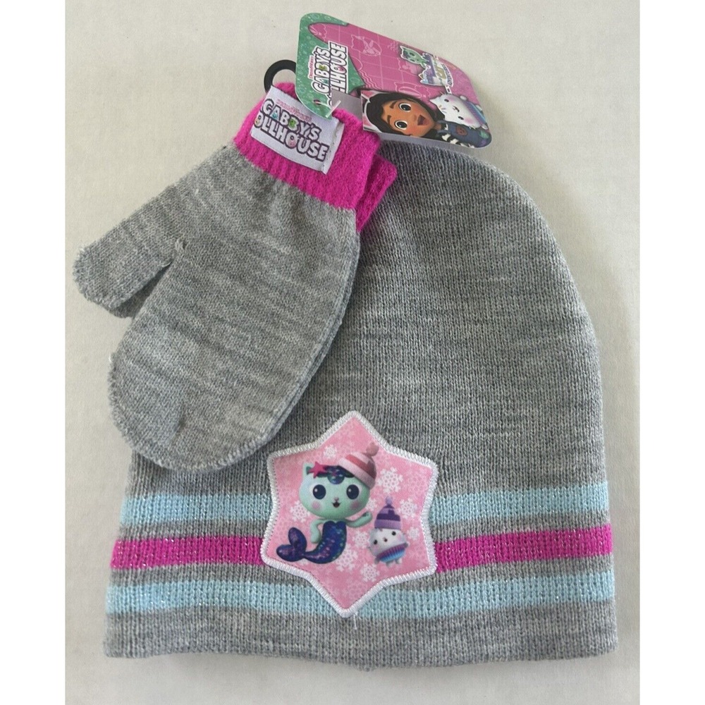 Gabbys Dollhouse Knit Hat Beanie & Mitten Set Kids DreamWorks Sparkly Pink BxX‎